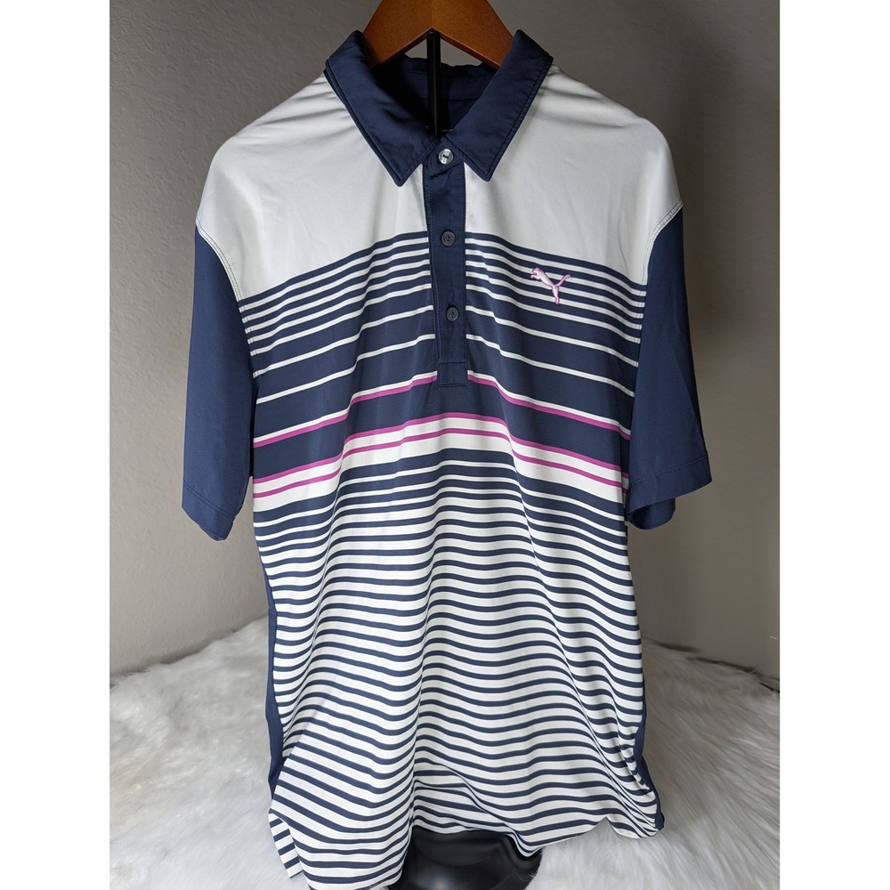 Puma Golf Mens Large Navy Blue White Striped dryCELL Short Sleeve Polo Shirt L